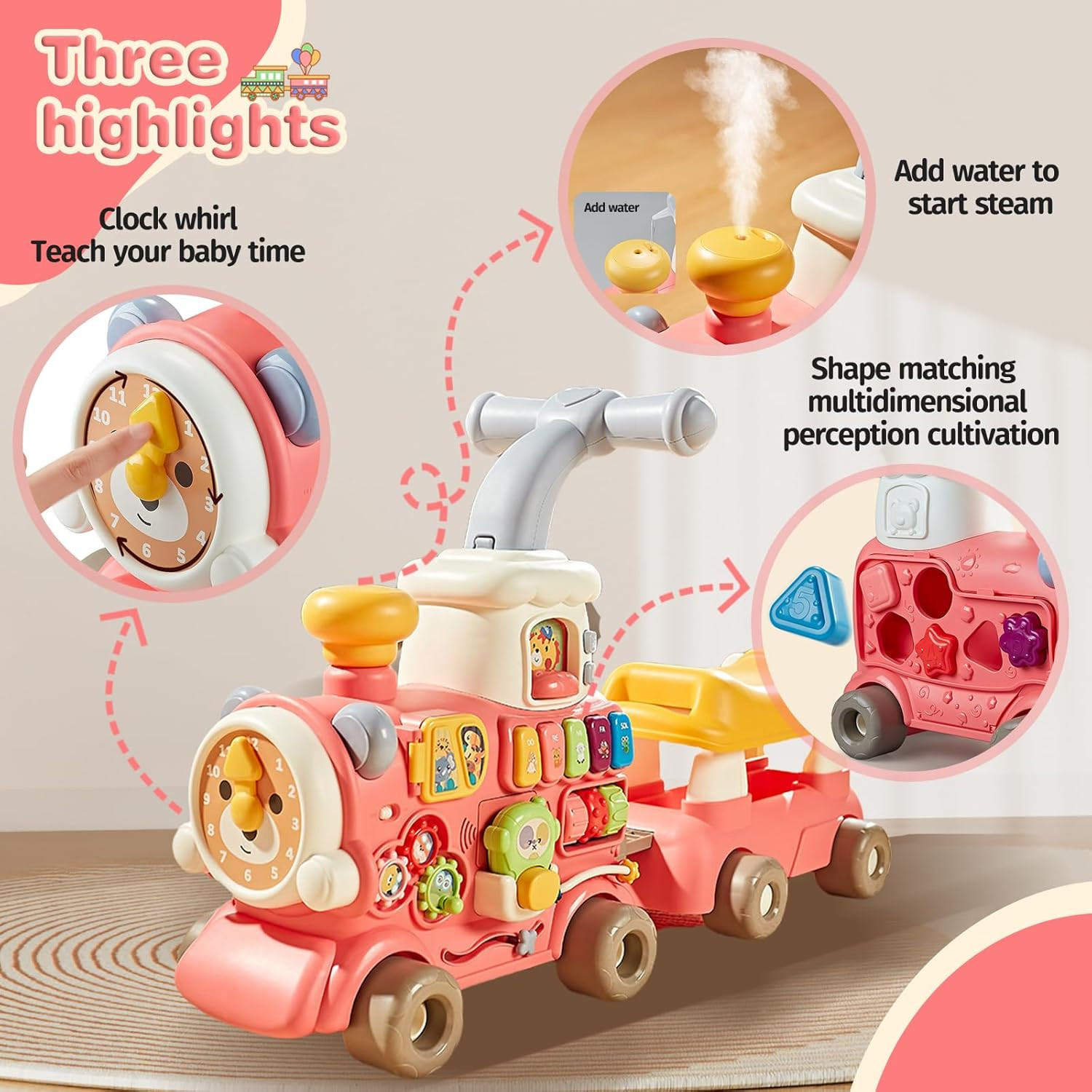 5 in 1 Multifunctional Baby Walker Train Ride On, Push Walker & Educational Activity Toy